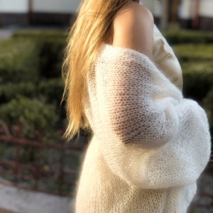 May include: A white, lightweight knit cardigan with a delicate open-weave pattern. The cardigan has long sleeves and a relaxed fit.