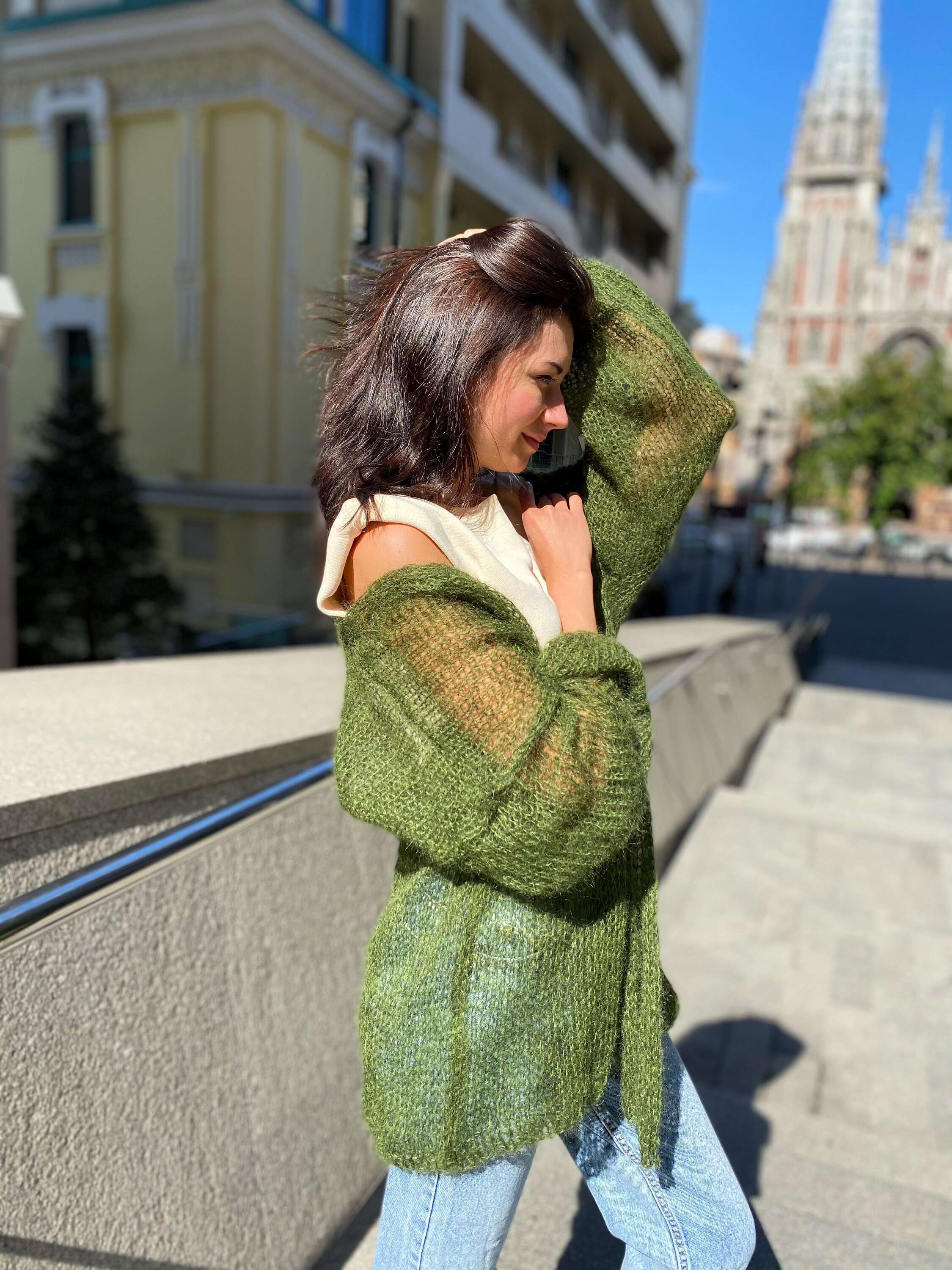 Green Mohair Cardigan, Handknit Cardigan, Oversized Sweater