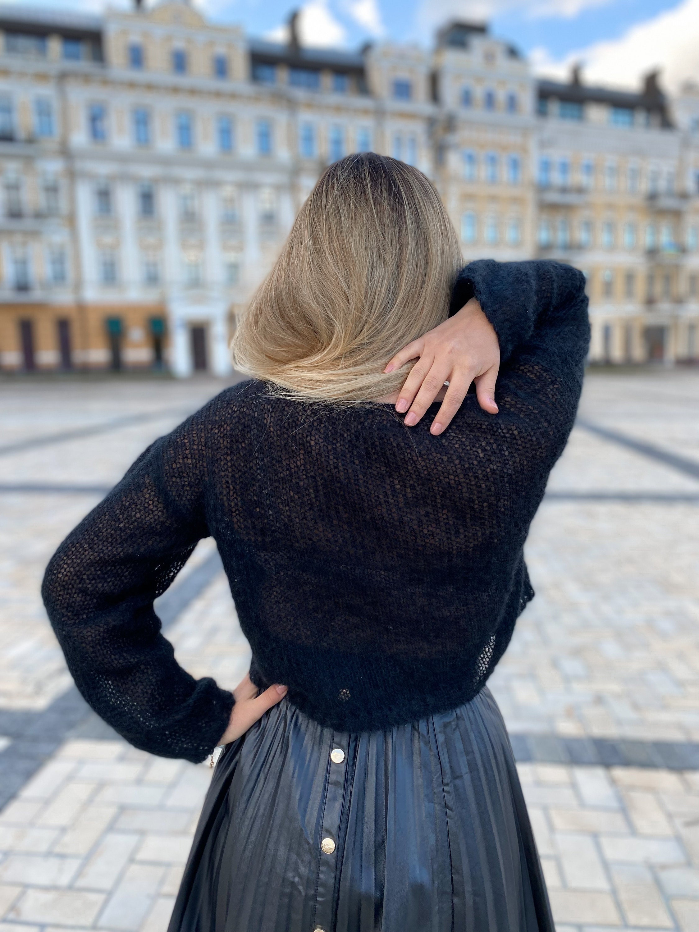 Cropped Mohair Sweater, Black Casual Sweater, Mohair Sweater