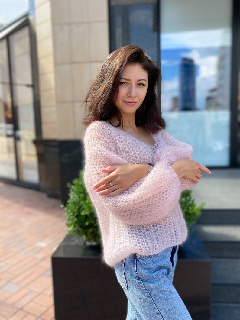 Powder pink mohair sweater, Chunky knit sweater, Sexy sweater, Oversized sweater, V Neck sweater, Bohemian sweater, Slouchy ballon sleeves image 1