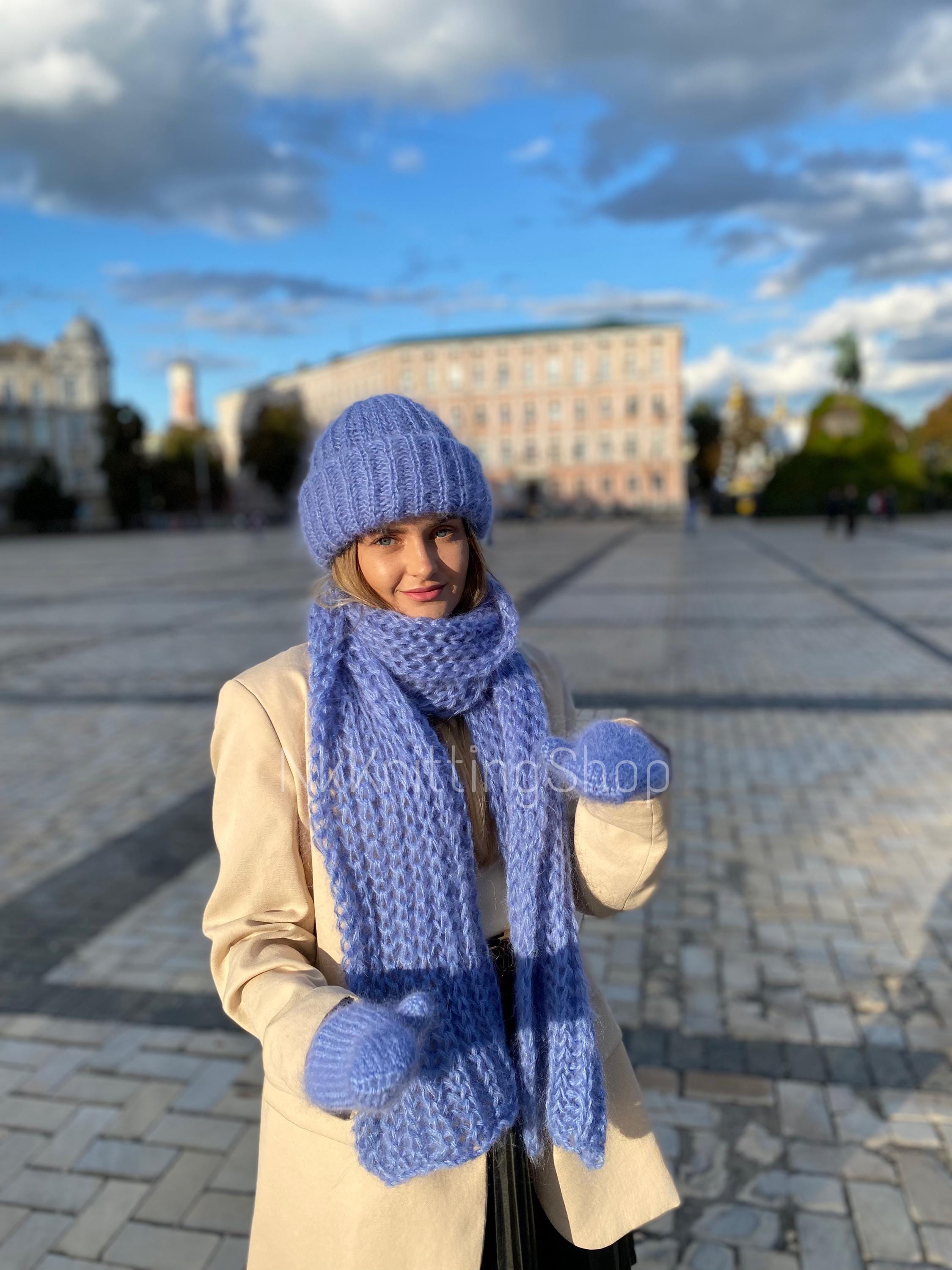 Handmade Scarf Hat Set, Long Mohair Scarf, Blue Scarf, Blue