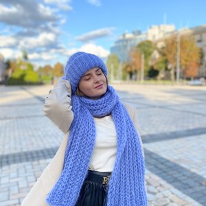 Handmade scarf hat set, Long mohair scarf, Blue scarf, Blue mohair hat, Fashion scarf, Christmas gift, Oversized scarf, Mohair mittens image 10