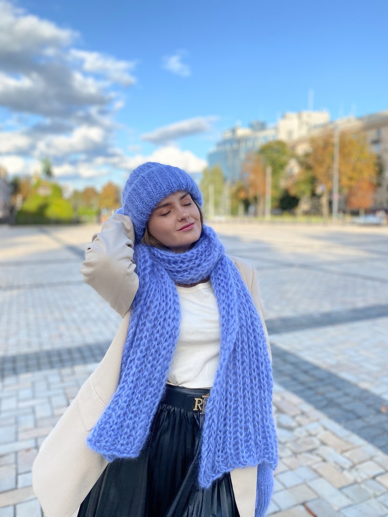 Handmade scarf hat set, Long mohair scarf, Blue scarf, Blue mohair hat, Fashion scarf, Christmas gift, Oversized scarf, Mohair mittens image 10