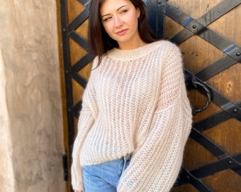 Mohair Sweater, Loose Knit Sweater, Handmade Sweater, Cream