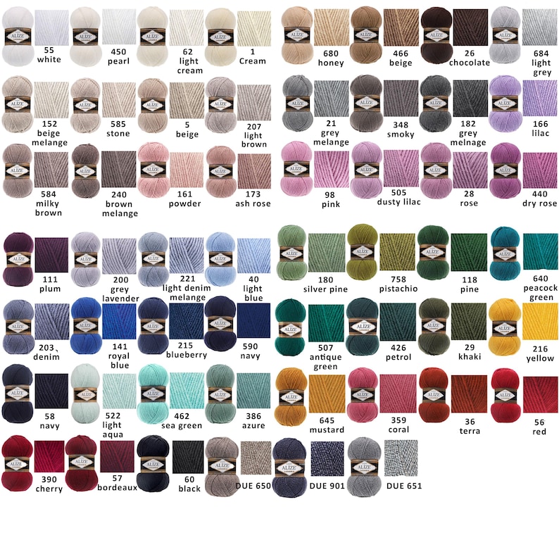 Puede incluir: Una carta de colores de muestras de hilo con n&uacute;meros y nombres para cada color. Los colores incluyen blanco, perla, crema claro, beige melange, piedra, beige, marr&oacute;n claro, gris melange, ahumado, gris melange, lila, marr&oacute;n lechoso, marr&oacute;n melange, polvo, rosa ceniza, rosa, lila polvoriento, rosa, rosa seco, ciruela, lavanda gris, melange de denim claro, azul claro, pino plateado, pistacho, pino, verde pavo real, denim, azul real, ar&aacute;ndano, azul marino, verde antiguo, petr&oacute;leo, caqui, amarillo, azul marino, aqua claro, verde mar, azul, mostaza, coral, tierra, rojo, cereza, burdeos, negro, DUE 650, DUE 901, DUE 651.