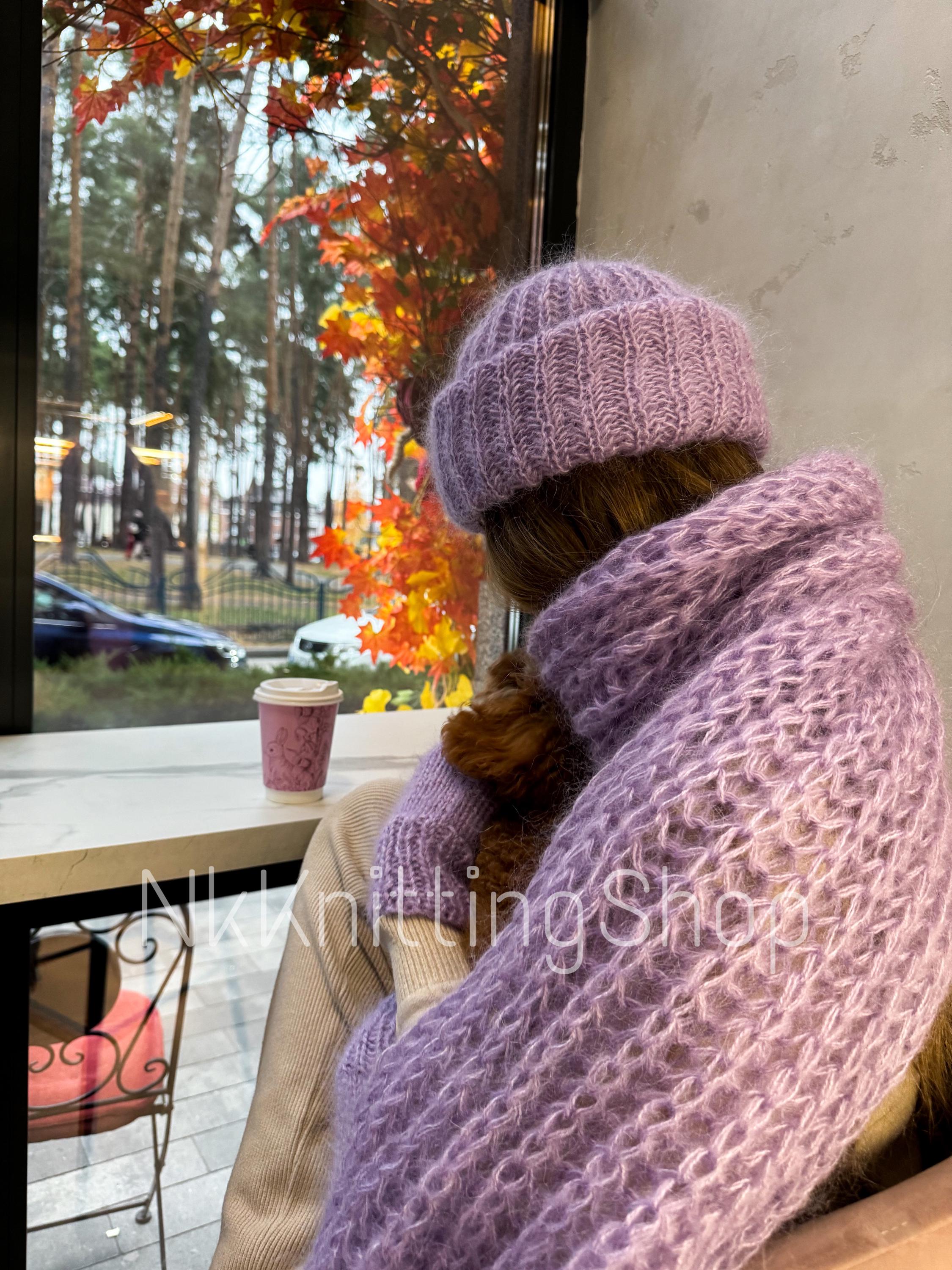 Lavender Knit Hat Scarf Set, Lavender Mohair Hat, Fluffy  display picture 2