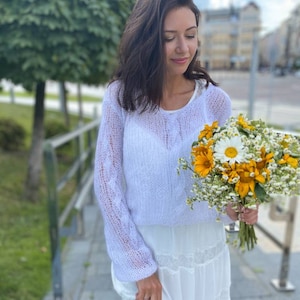 Weißer Mohair Pullover, Hochzeitspullover, Weißer Braut Shrug Luxus-Pullover, Handgestrickter Pullover, Brautpullover, Sommerpullover, Brautüberwurf