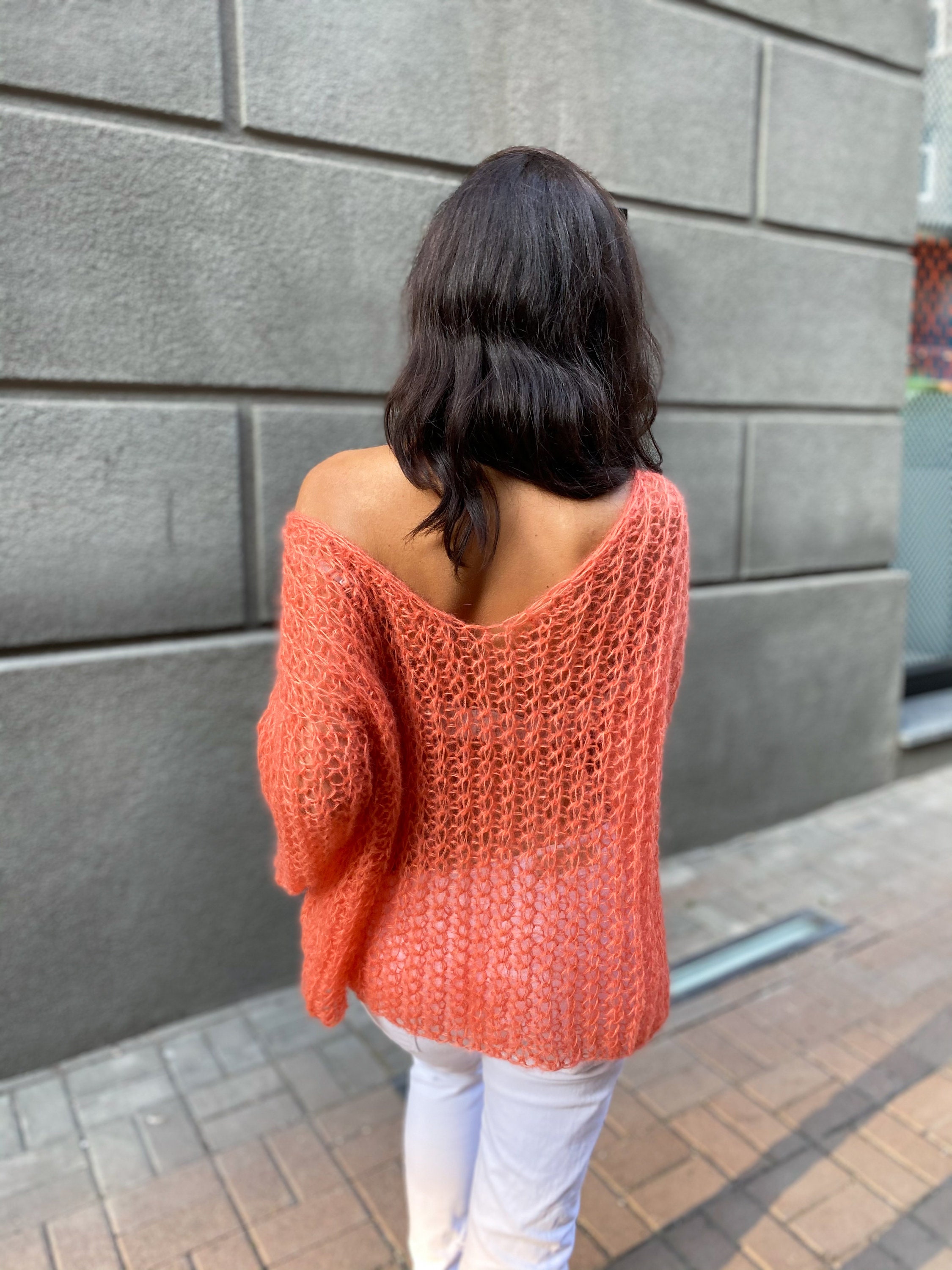 Orange Mohair Sweater, Casual Bright Handknit Sweater, High Orange Mohair Sweater, Casual Bright Handknit Sweater, High