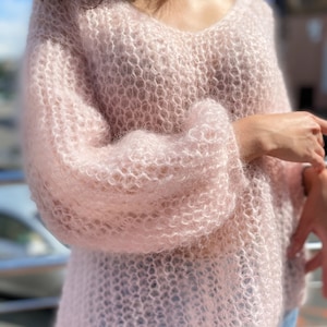 Powder pink mohair sweater, Chunky knit sweater, Sexy sweater, Oversized sweater, V Neck sweater, Bohemian sweater, Slouchy ballon sleeves image 2