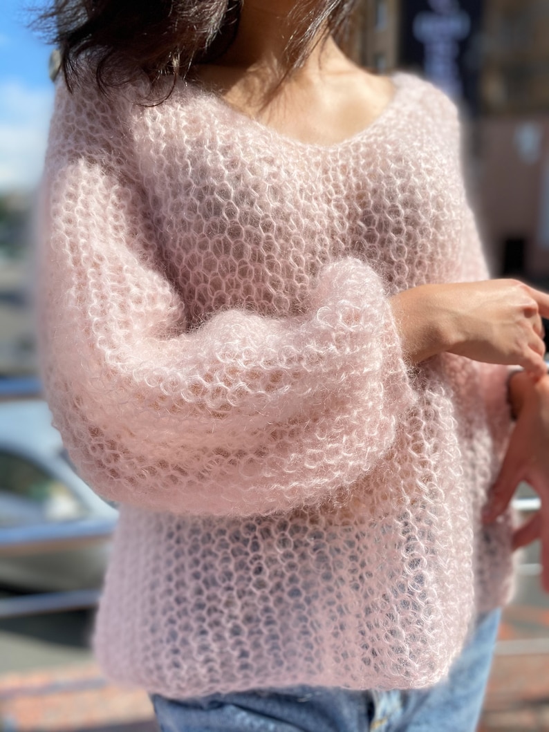 Powder pink mohair sweater, Chunky knit sweater, Sexy sweater, Oversized sweater, V Neck sweater, Bohemian sweater, Slouchy ballon sleeves image 2