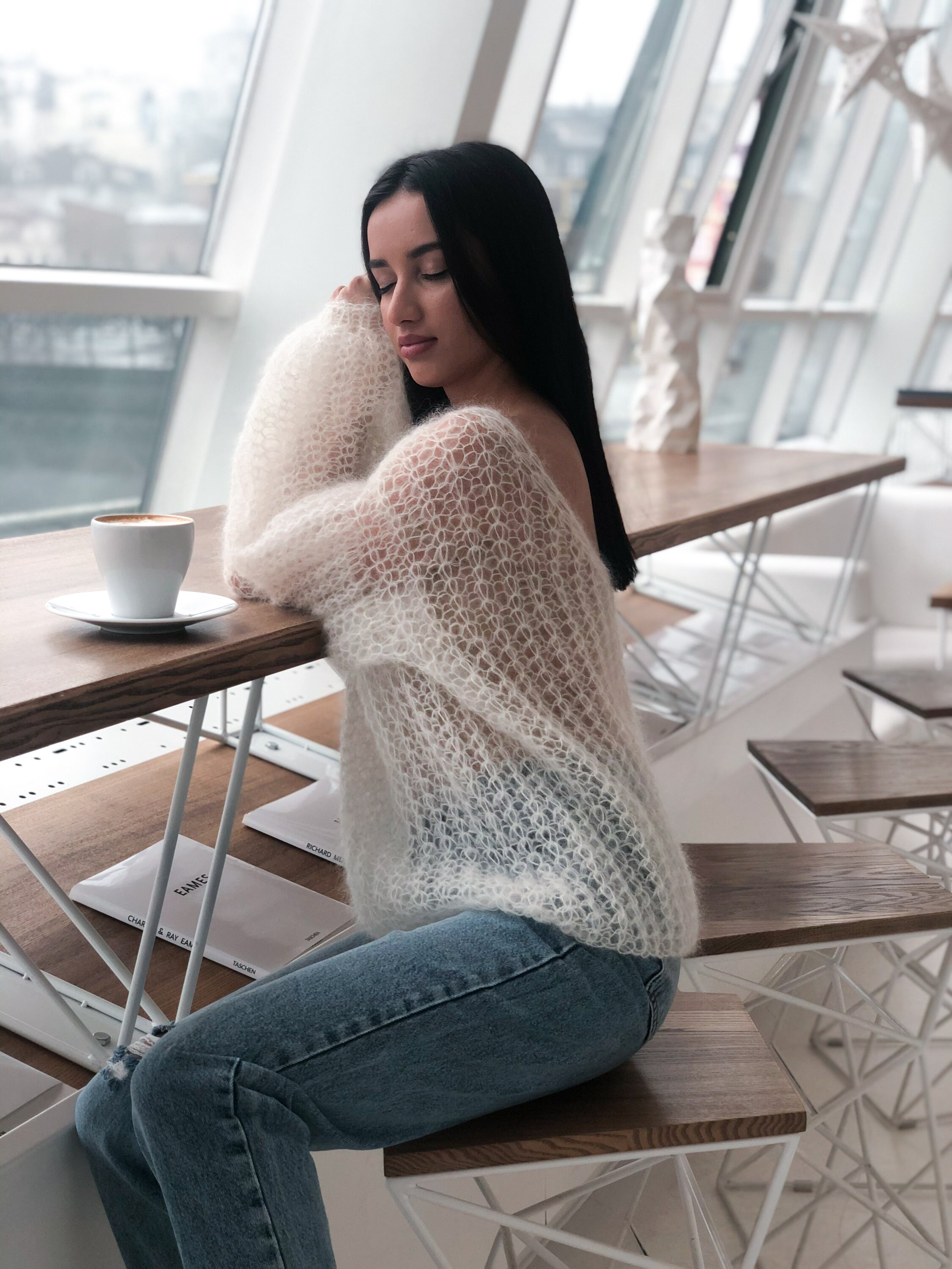 Ivory Mohair Sweater, Summer Sexy Sweater, Deep V Neck