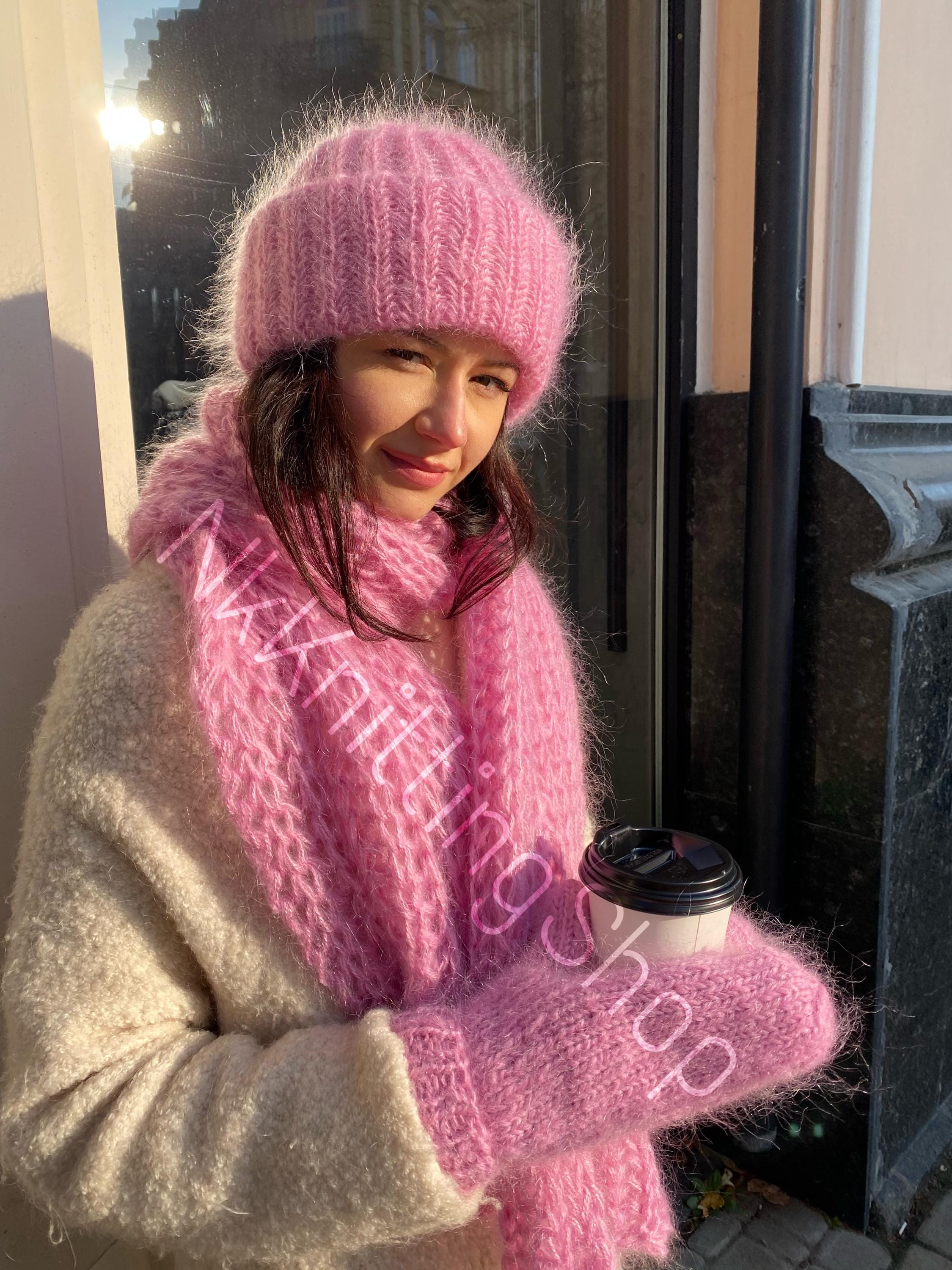 Pink Hat Scarf Set, Pink Mohair Hat, Fluffy Hat, Long Scarf