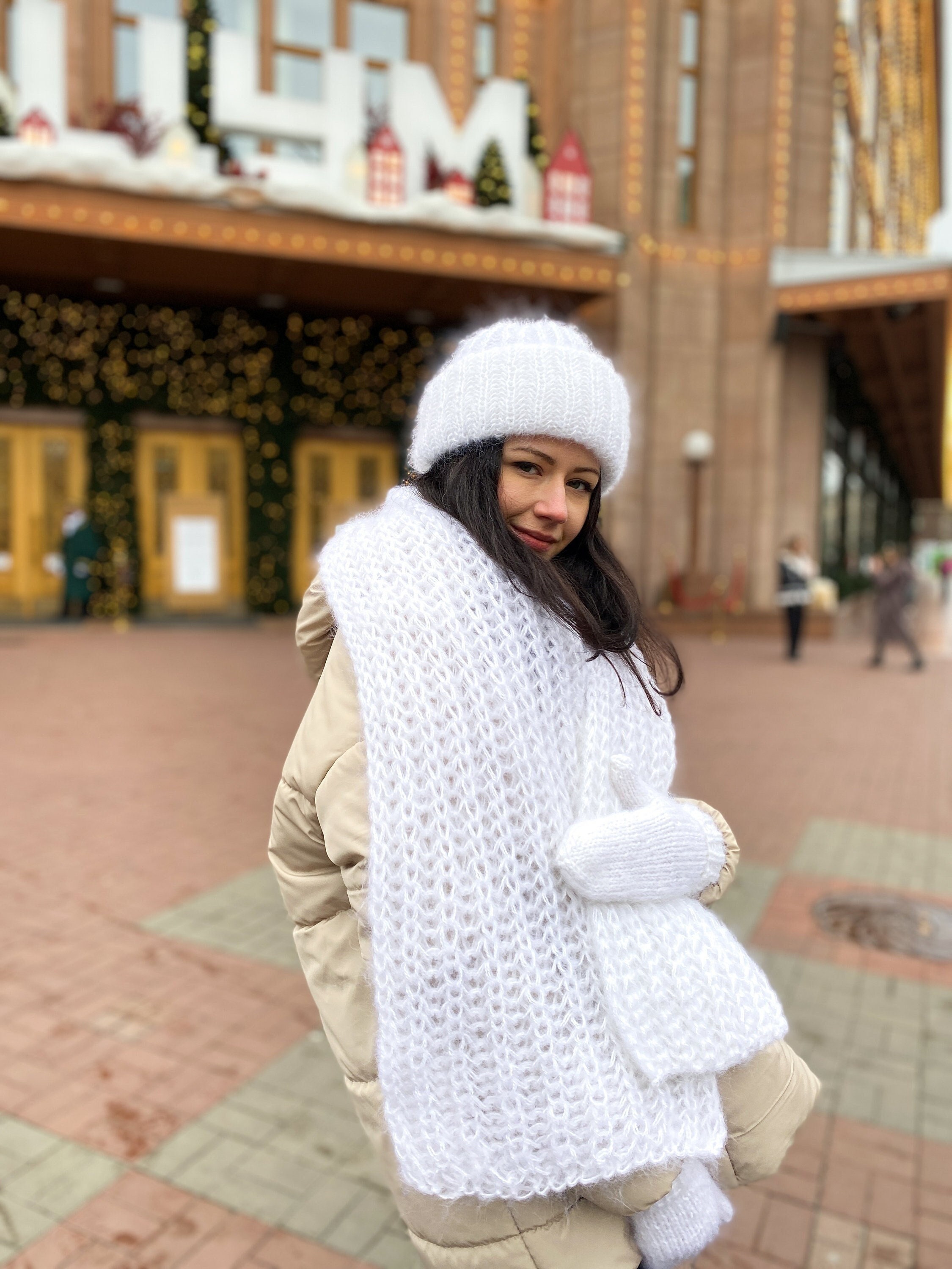 White Hat Scarf Mittens Set, White Mohair Hat, Luxury Scarf, Knit Hat, Mohair Mittens, Handknit Scarf, Hat Scarf Set, Fluffy Beanie, Gift