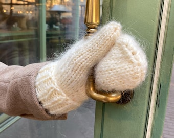 Mitones, Mitones de mohair, Mitones suaves color crema, Mitones hechos a mano, Mitones de invierno, Mitones reciclados, Mitones para mujer, Mitones de lana