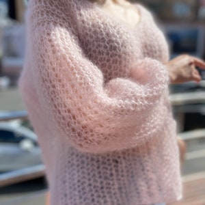 Powder pink mohair sweater, Chunky knit sweater, Sexy sweater, Oversized sweater, V Neck sweater, Bohemian sweater, Slouchy ballon sleeves image 4