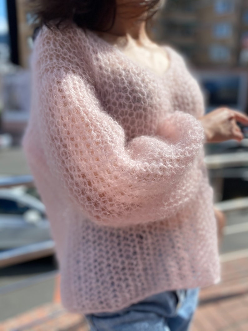 Powder pink mohair sweater, Chunky knit sweater, Sexy sweater, Oversized sweater, V Neck sweater, Bohemian sweater, Slouchy ballon sleeves image 4