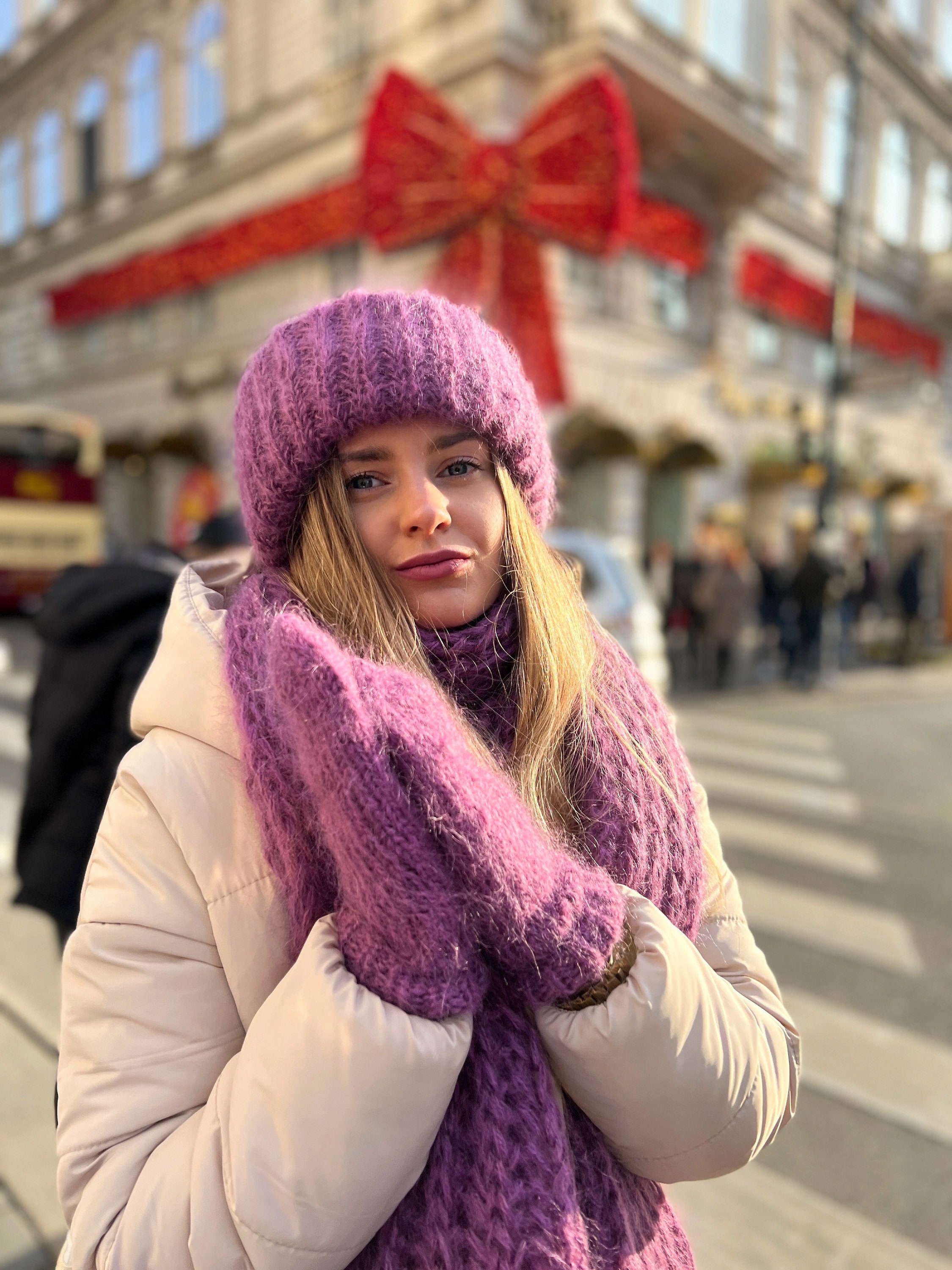 Purple Hat Scarf Set, Mohair Hat, Fluffy Hat, Luxury Hat  display picture 1