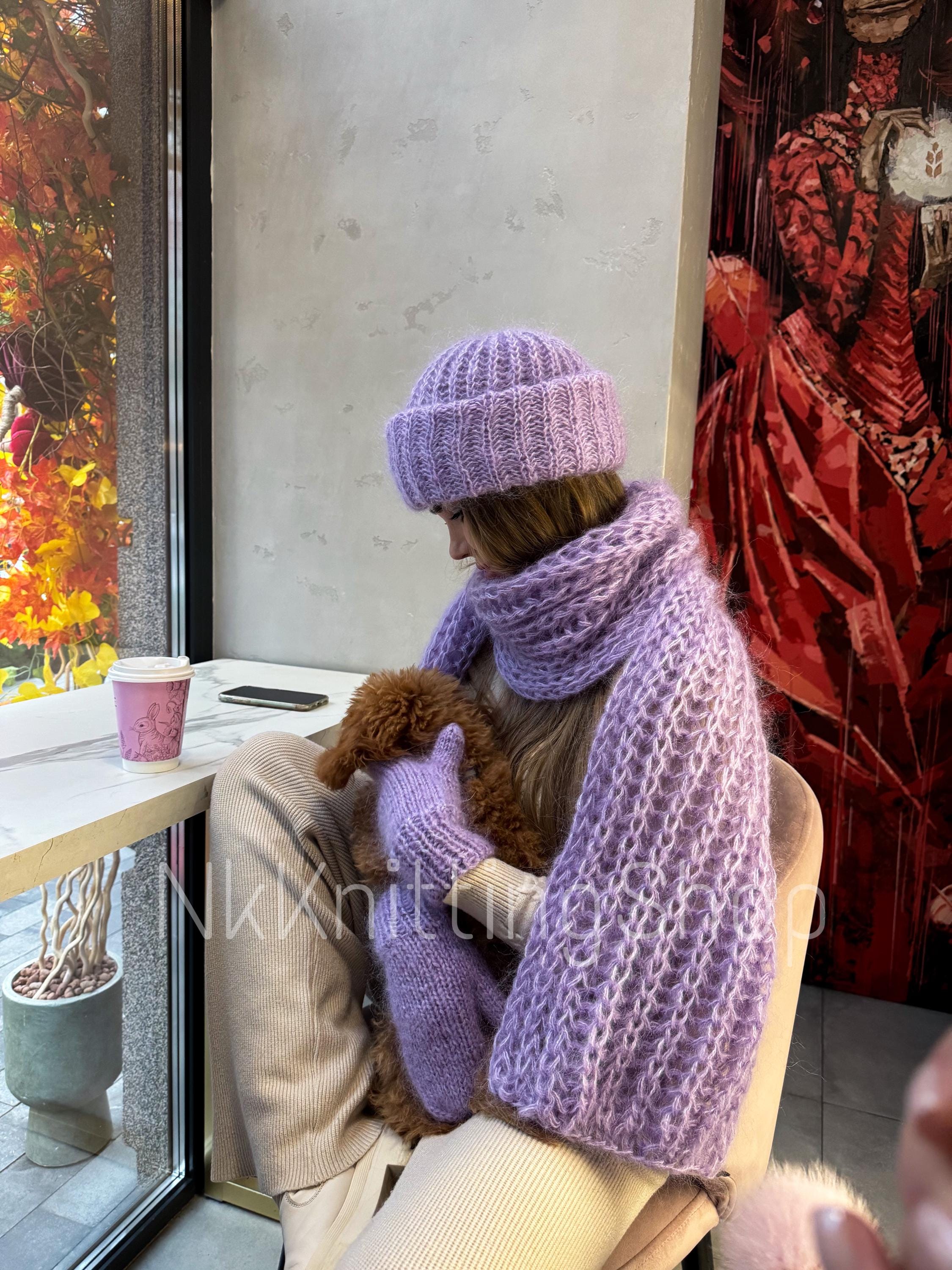 Lavender Knit Hat Scarf Set, Lavender Mohair Hat, Fluffy  display picture 1
