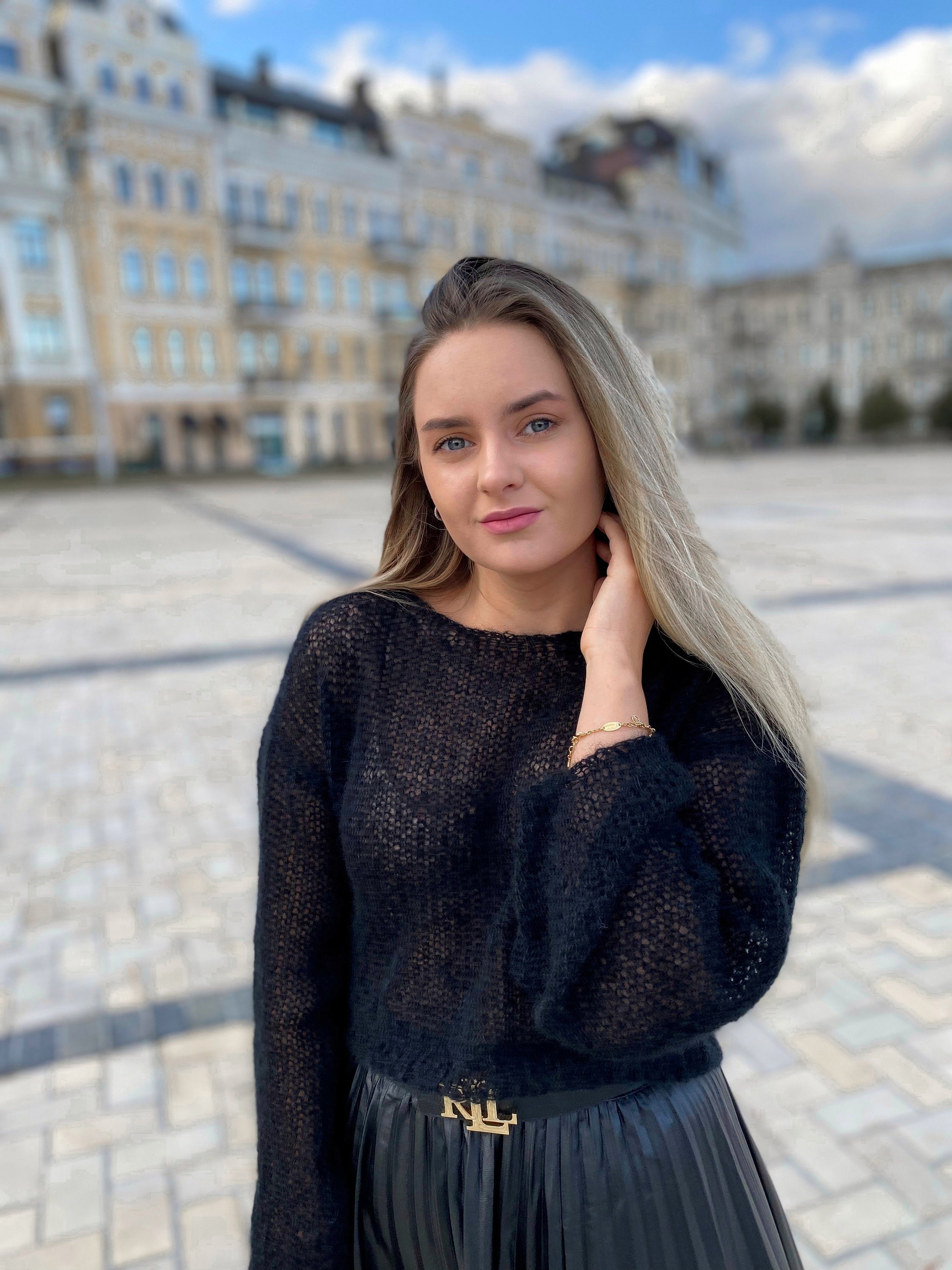 Cropped Mohair Sweater, Black Casual Sweater, Mohair Sweater