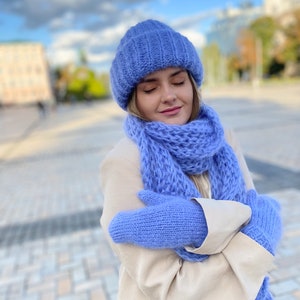 Handmade scarf hat set, Long mohair scarf, Blue scarf, Blue mohair hat, Fashion scarf, Christmas gift, Oversized scarf, Mohair mittens image 9