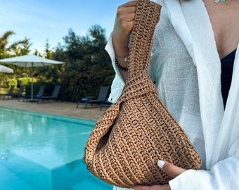 Bolso de paja beige, Bolso de playa de rafia, Bolso de verano hecho a mano, Bolso de nudo de paja, Bolso de nudo de rafia, Bolso de lujo, Bolso de playa de crochet, Bolso de rafia tejida,