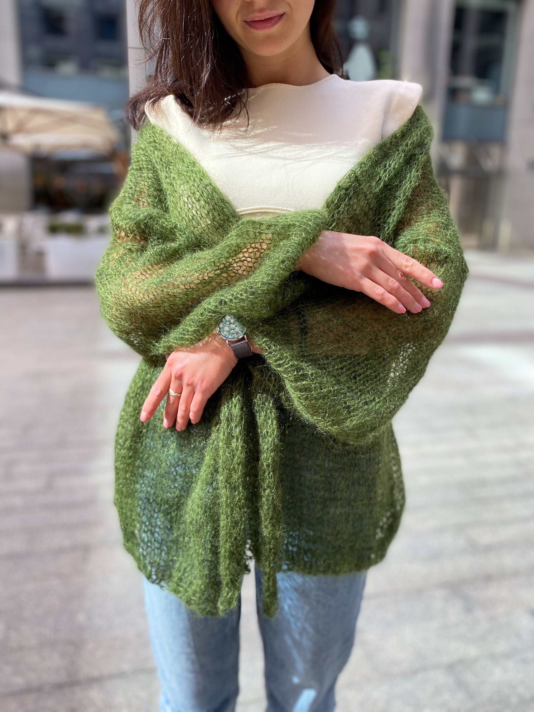 Green Mohair Cardigan, Handknit Cardigan, Oversized Sweater Green Mohair Cardigan, Handknit Cardigan, Oversized Sweater