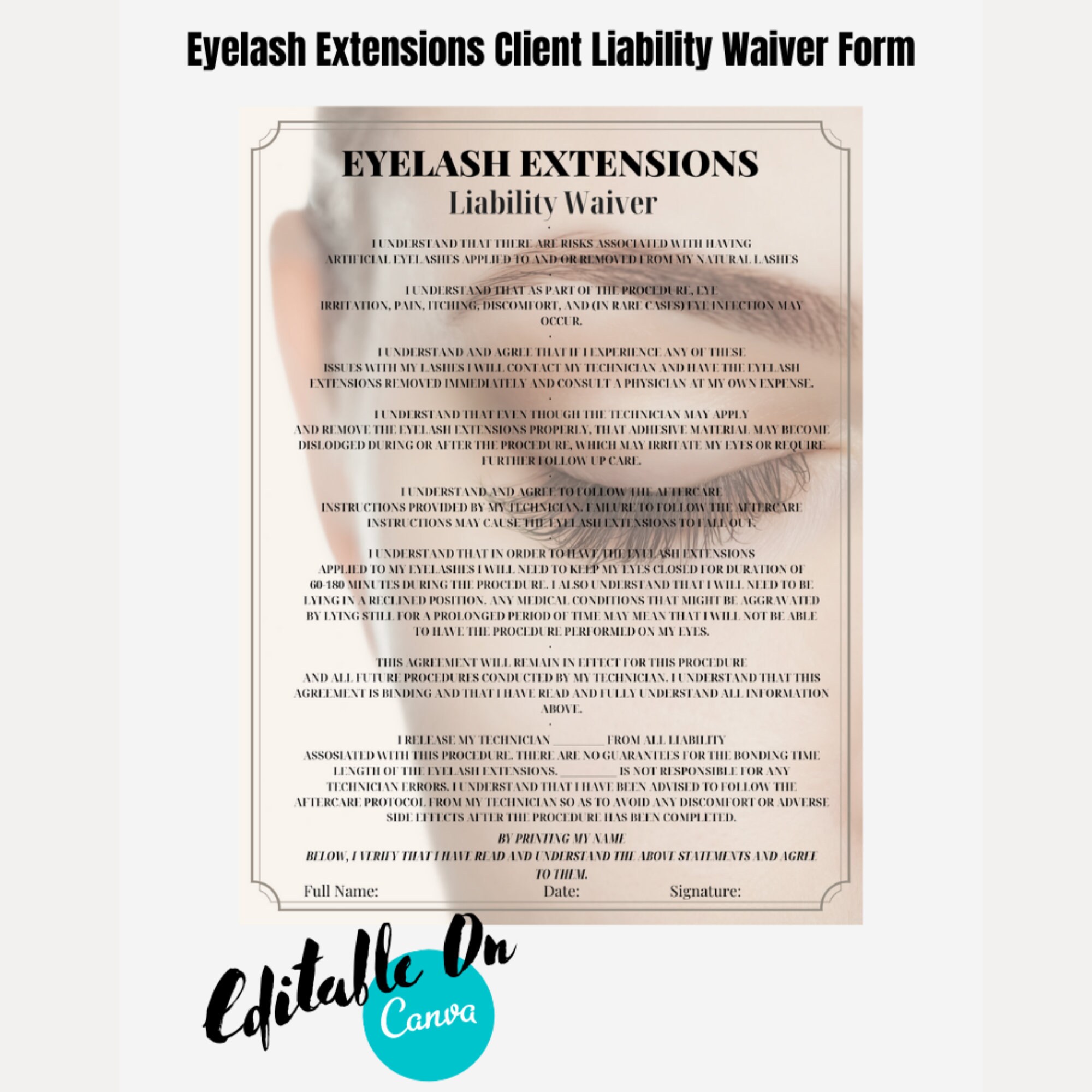 Eyelash Extensions Client Liability Waiver Form, Eyelashes, Technician