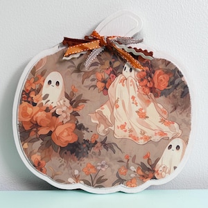 Cute Ghost Pumpkin Fall Pumpkin Decor Rustic Fall Home Decor Halloween Pumpkin Shelf Sitters Floral Ghosts Wood Pumpkin Fall Gift Ideas