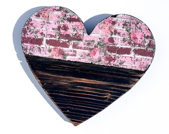 Reclaimed Wood Heart Wall Decor: Pink Floral Design, Handmade