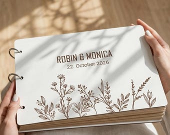 Wildflower Wedding Guest Book, Meadow Floral Photo Album, Custom White Wood Keepsake, Fine Art Garden Reception Sign In, Spring Scrapbook
