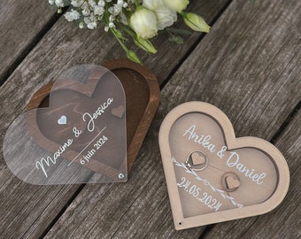 Ringschatulle Trauung, Hochzeitszeremonie Ring Box | Personalisierte Herz Andenken | Gravierte Holzhalter | Personalisiertes Datum | Rustikale Ringkissenalternative