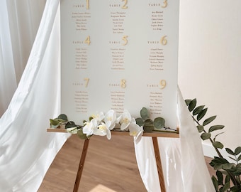 Letrero minimalista para la distribución de asientos en bodas, decoración de recepción en madera blanca, orden alfabético, letrero "Encuentre su asiento", letrero "Encuentre su asiento"