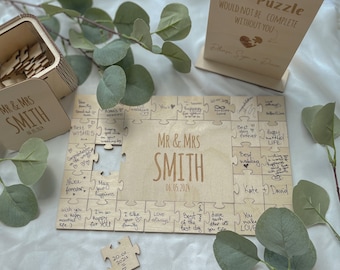 Libro de firmas único para bodas, letrero de recuerdo personalizado tipo rompecabezas / Sr. y Sra. personalizados / Decoración rústica para la recepción / Idea de libro de firmas interactivo