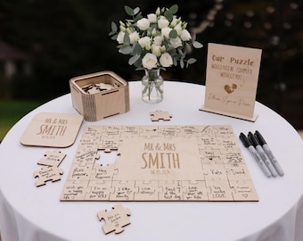 Libro de firmas tipo puzle para despedida de soltera / Regalo de aniversario personalizado / Libro de firmas de boda único / Recuerdo personalizado para parejas / Letrero rústico de madera