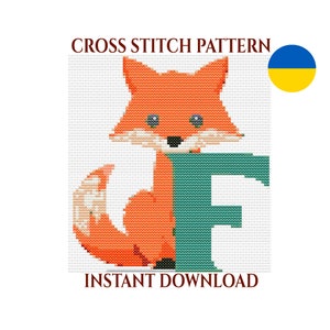 Padrão divertido de ponto cruz para letra F com design bonito de raposa de desenho animado, perfeito para projetos de alfabeto infantil e presentes DIY. Download instantâneo de PDF