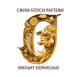 Puede incluir: Patrón de punto de cruz de la letra J decorada con flores doradas y amarillas. El patrón está disponible para descarga instantánea.