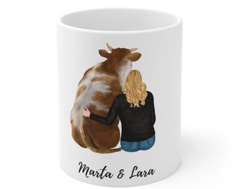 Personalisierte Bauernhof-Tasse mit Frau und Kuh | Geschenk Bäuerin | Mädchen und Kuh