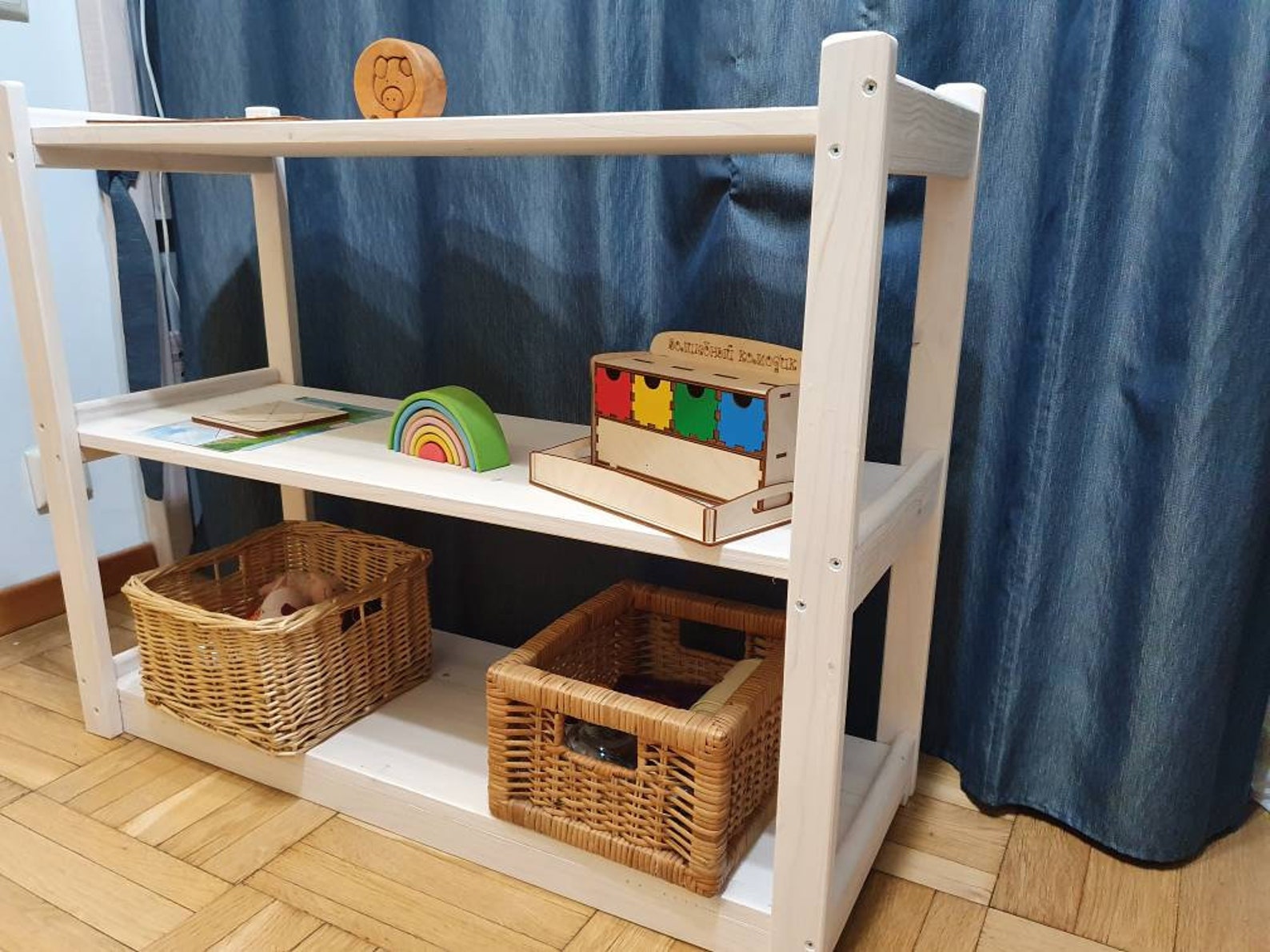 Wooden montessori toy shelf Childrens storage Modern toy Etsy