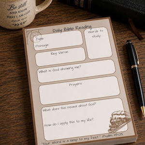 Pode incluir: Um bloco de notas Daily Bible Reading com borda marrom, contendo seções para data, passagem, versículo chave, palavras para estudar, orações e perguntas de reflexão. Inclui uma ilustração de trem e o texto, Your Word is a lamp to my feet. Psalm 119:05.