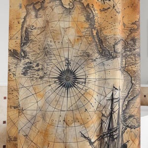 Rideaux de douche marins, décoration de salle de bain bateau océanique, carte de pirate, accessoires de maison sur le thème maritime, rideau de douche côtier, bain maison de plage