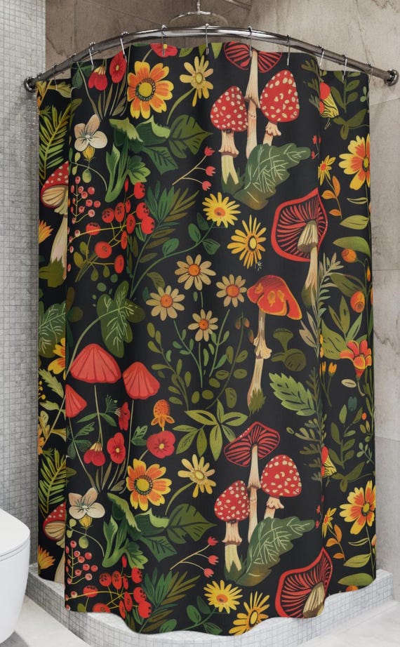Duschvorhang Vintage-Pilz-Design – Botanisches Blumenmuster, Boho-stil, Für Badewanne Oder Dusche