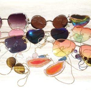 Crystal Chain Armless Sunglasses heart sunglasses circle aviator quartz garnet obsidian rainbow temple