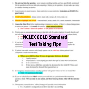 Pode incluir: Um documento rosa e branco com o título "NCLEX GOLD Standard Test Taking Tips" em negrito, em preto. O documento contém uma lista de dicas para fazer o exame NCLEX.
