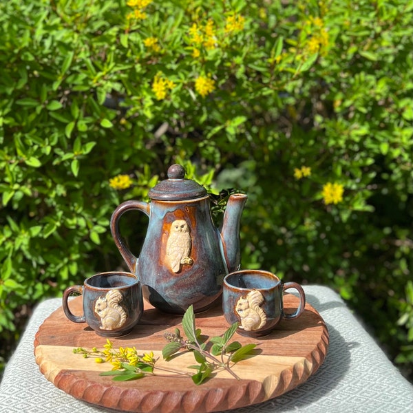 Hand-made Ceramic Owl and Squirrel Tea Pot Teapot - Tea Cup Set - Cups - Stoneware Clay - Cottage Core - Cottage Woodland - Forestcore