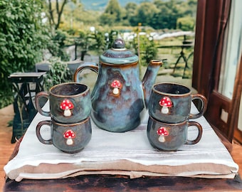 Hand-made Ceramic Mushroom Tea Pot Teapot - Tea Cup Set - Cups - Clay - Cottage Core - Cottage Woodland - Mushrooms - Toadstool - Forest
