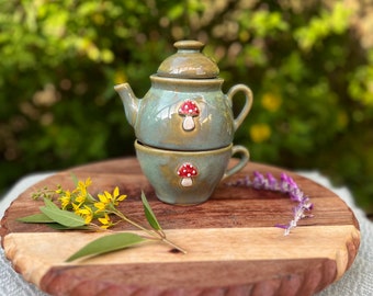 Hand-made Ceramic Mushroom Tea Pot Teapot - Tea Cup Set - Tea for One Cups - Stoneware Clay - Mushrooms - Cottage Core - Cottage - Woodland