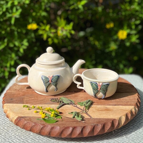 Hand-made Ceramic Moth Tea Pot Teapot - Tea Cup Set - Tea for One Cups - Stoneware Clay - Moths - Cottage Core - Cottage - Woodland