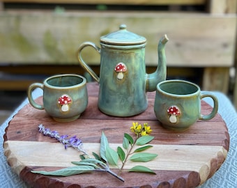 Hand-made Ceramic Mushroom Tea Pot Teapot - Tea Cup Set - Cups - Stoneware Clay - Mushrooms - Cottage Core - Cottage - Woodland