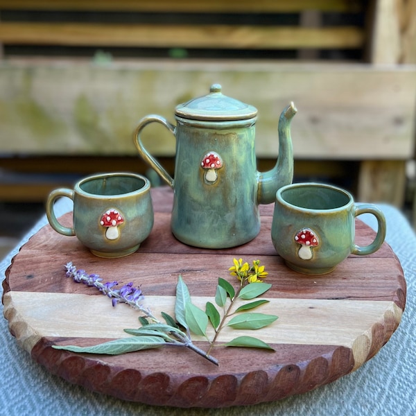 Hand-made Ceramic Mushroom Tea Pot Teapot - Tea Cup Set - Cups - Stoneware Clay - Mushrooms - Cottage Core - Cottage - Woodland