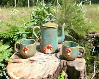 Hand-made Ceramic Mushroom Butterfly Tea Pot Teapot - Tea Cup Set - Cups -  Clay - Mushrooms - Cottage Core - Cottage Woodland - Forestcore